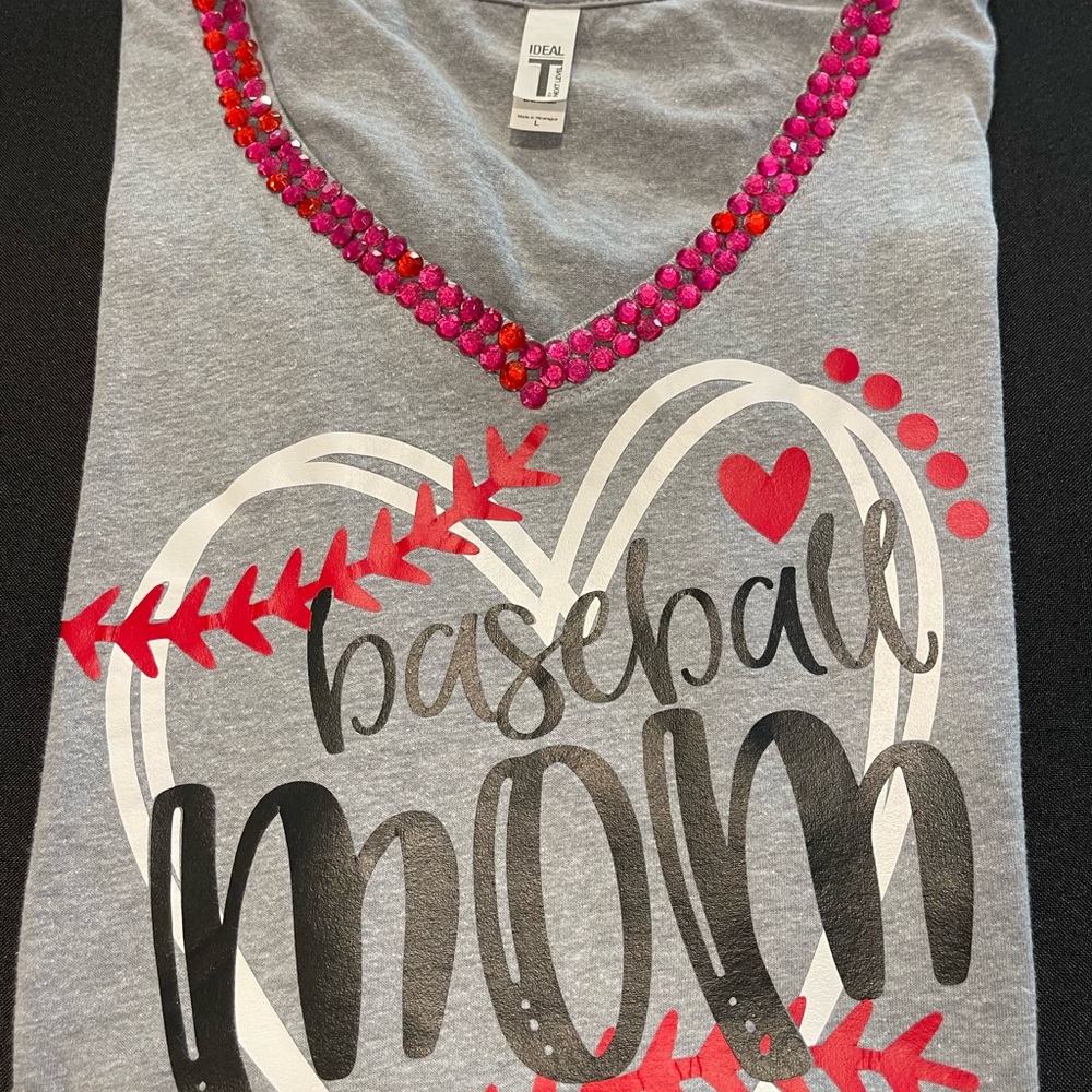 Women’s Gray T-Shirt with Baseball Mom Theme and Red Accents